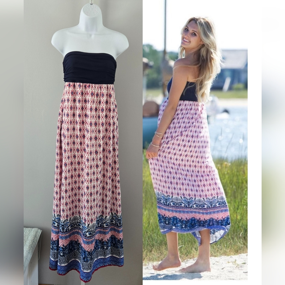 VACAY Elegant Navy and Pink Maxi Skirt